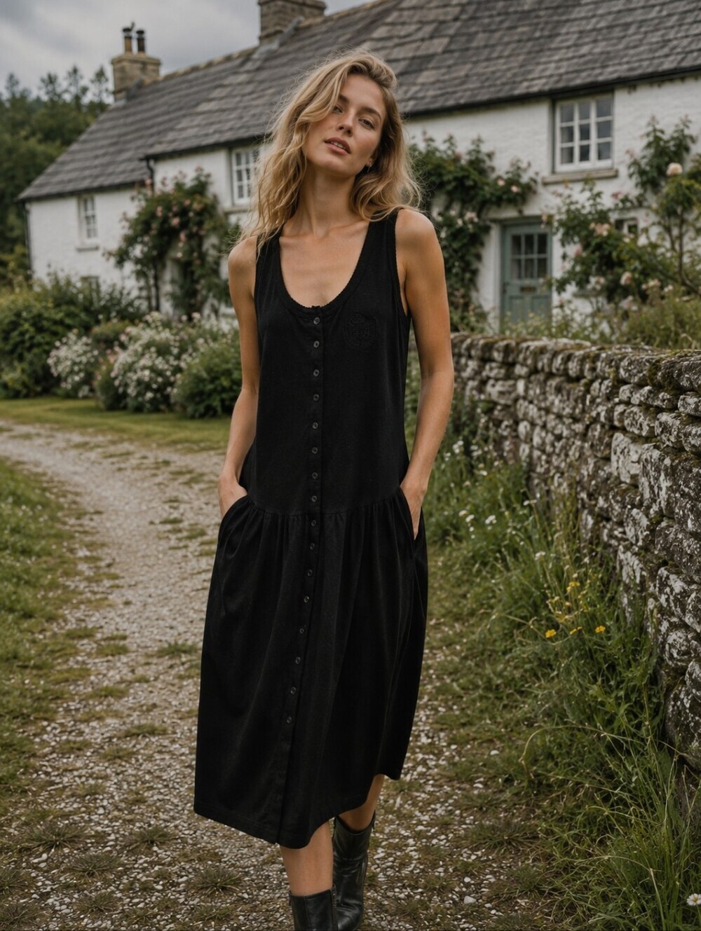 Vintage Pierre Cardin Black Sleeveless Tank Button-Front Midi Dress Size Large